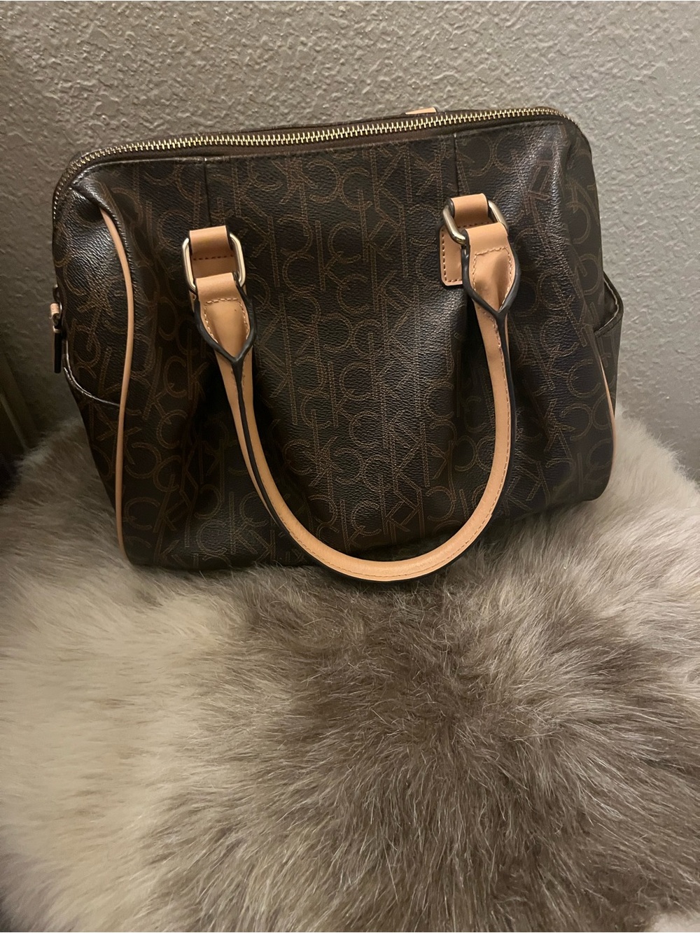 Calvin Klein Brown Monogram Satchel with Tan Handles